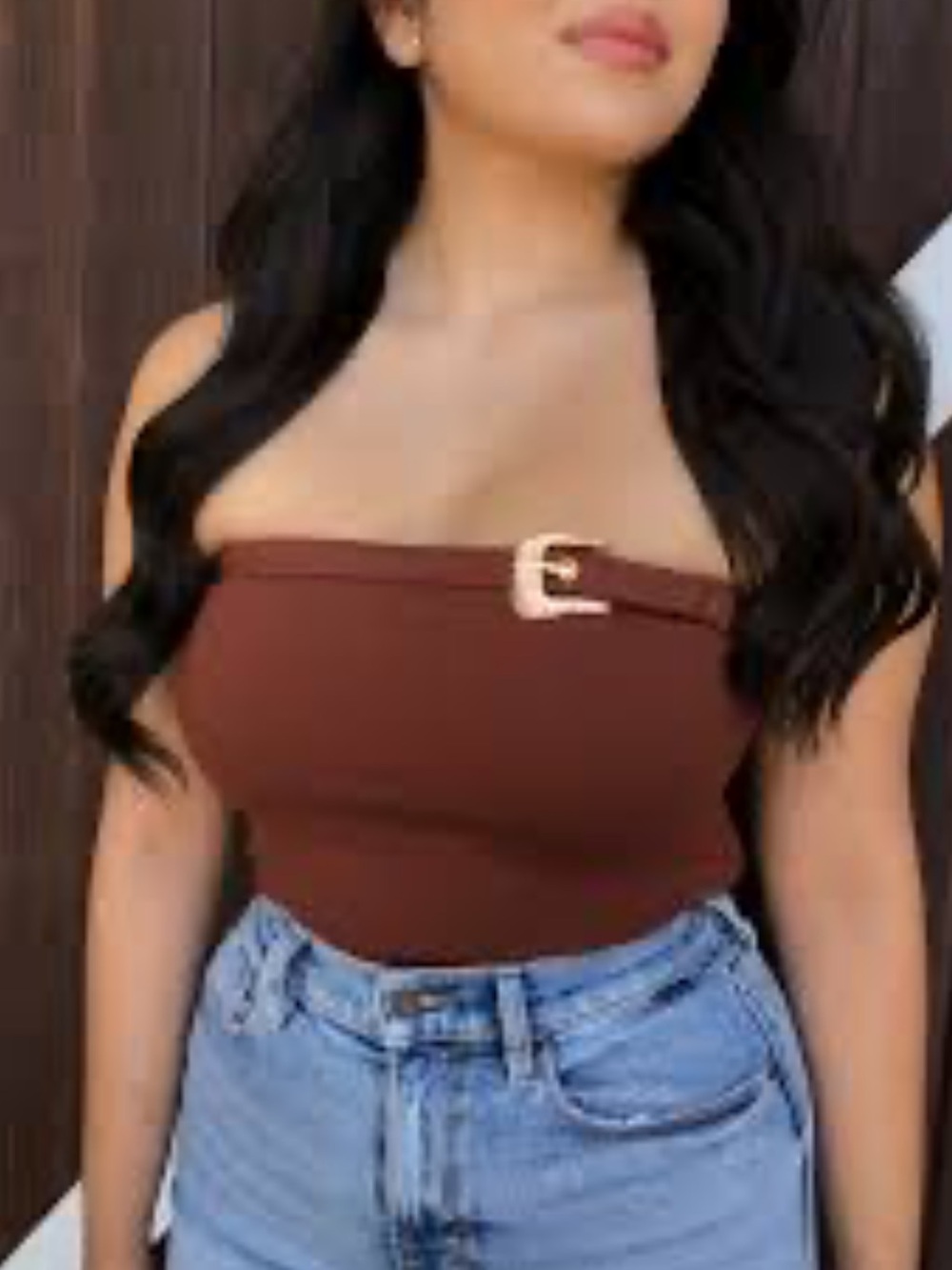 Strapless Brown Tube Top with Decorative Buckle